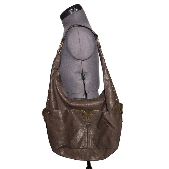 Bueno Handbags - Vtg Y2k Brown Leather Hobo Shoulder Bag Slouchy Boho Large Studded Bueno DAMAGED